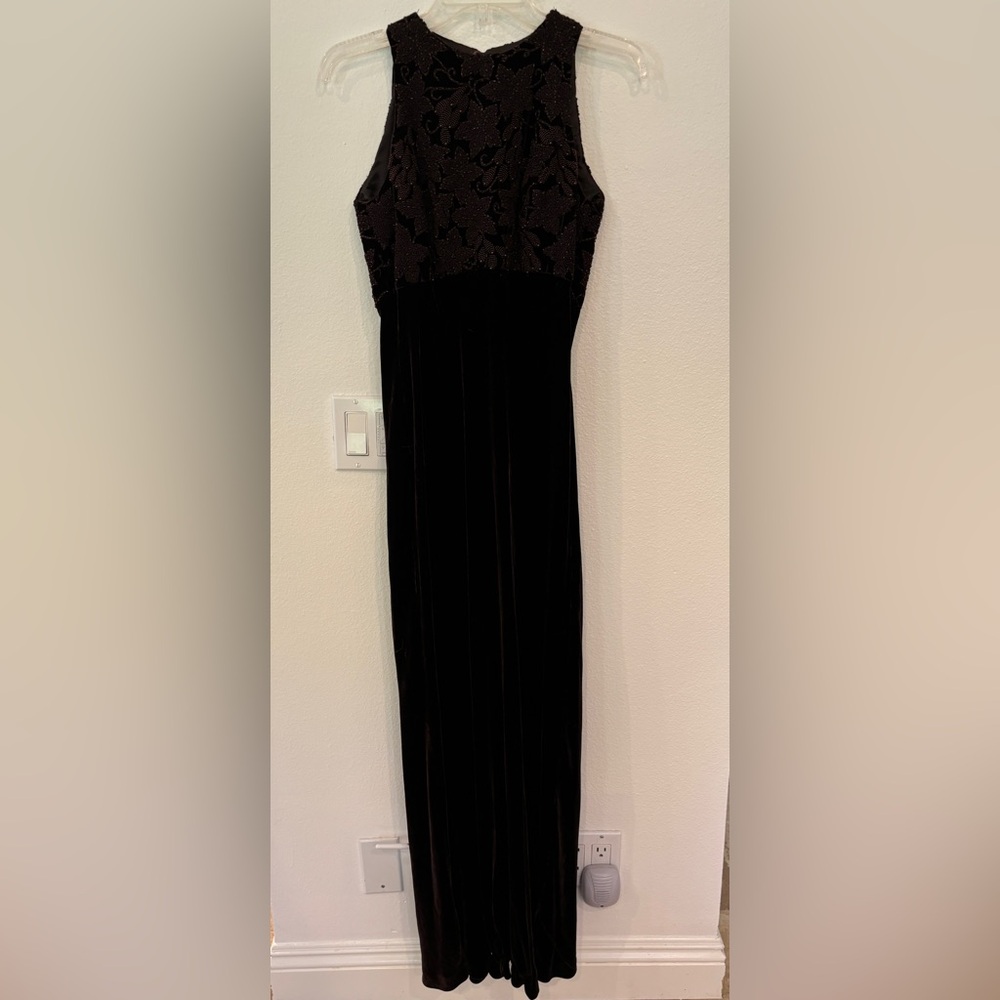 Beautiful Dark Chocolate Brown Beaded & Velvet Evening Gown.